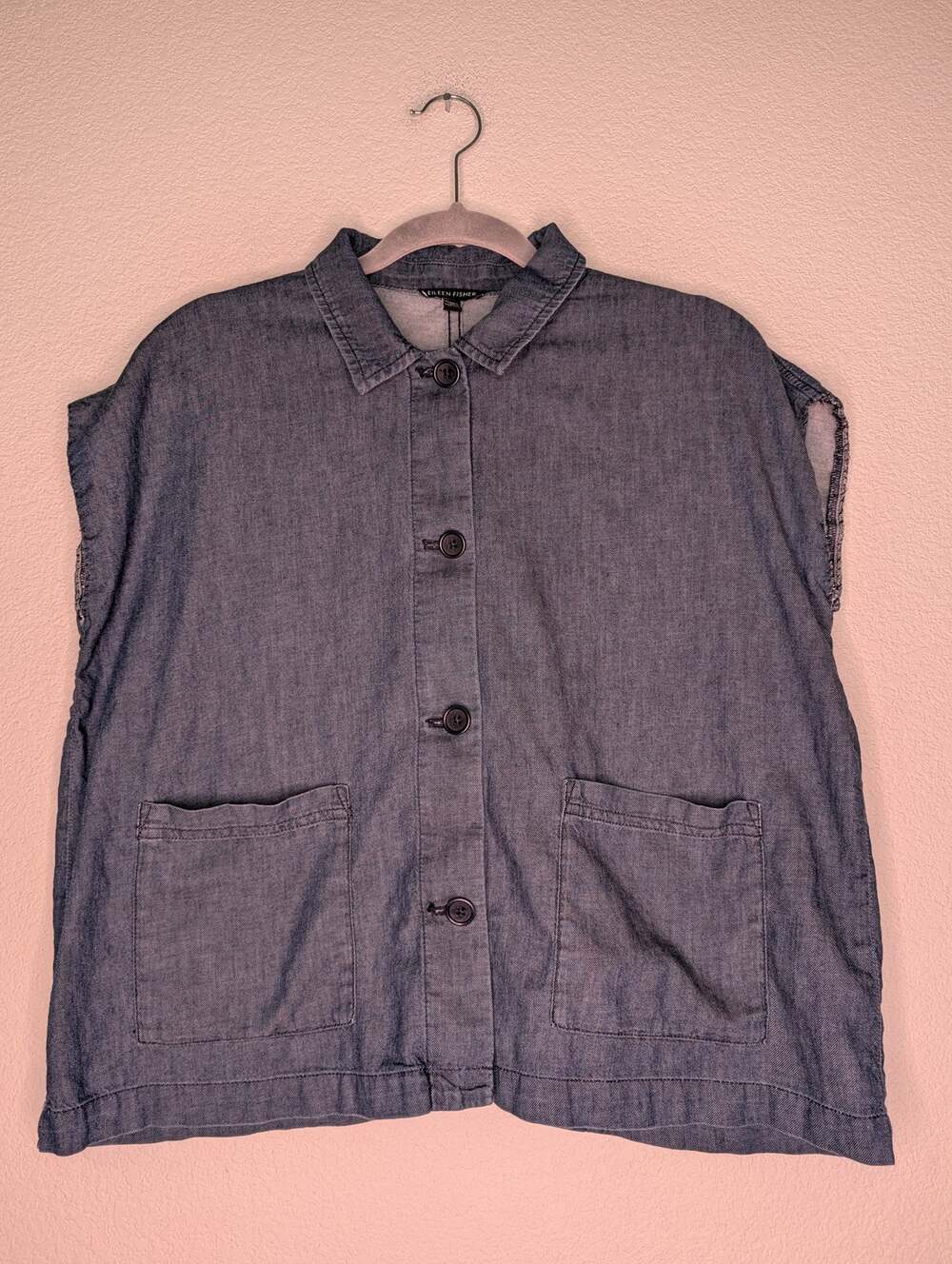 Eileen Fisher Womens Sleeveless Denim Button-Up Blouse M Distressed Pockets Chic